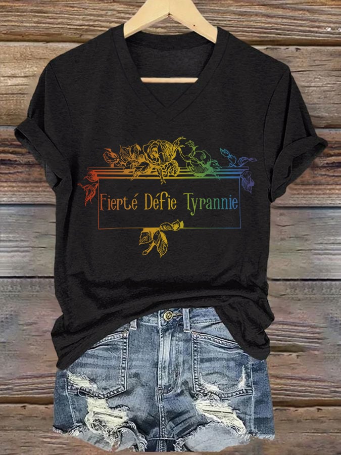 V-Neck Retro Fierté Défie Tyrannie Pride Defies Tyranny Print T-Shirt