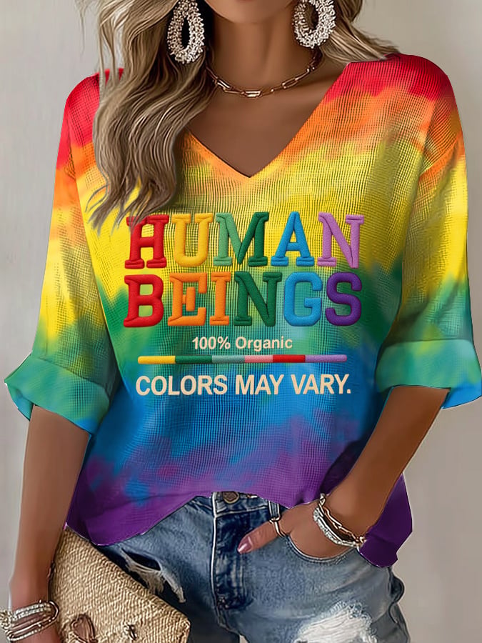 Women's Human Beings Colors May Vary Print V Neck Top