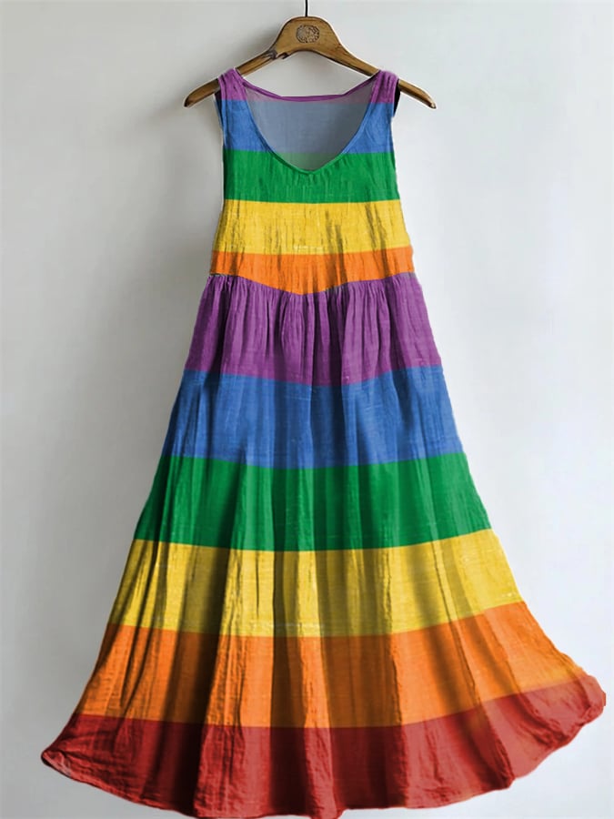 Women's Casual Cotton And Linen Rainbow Dress